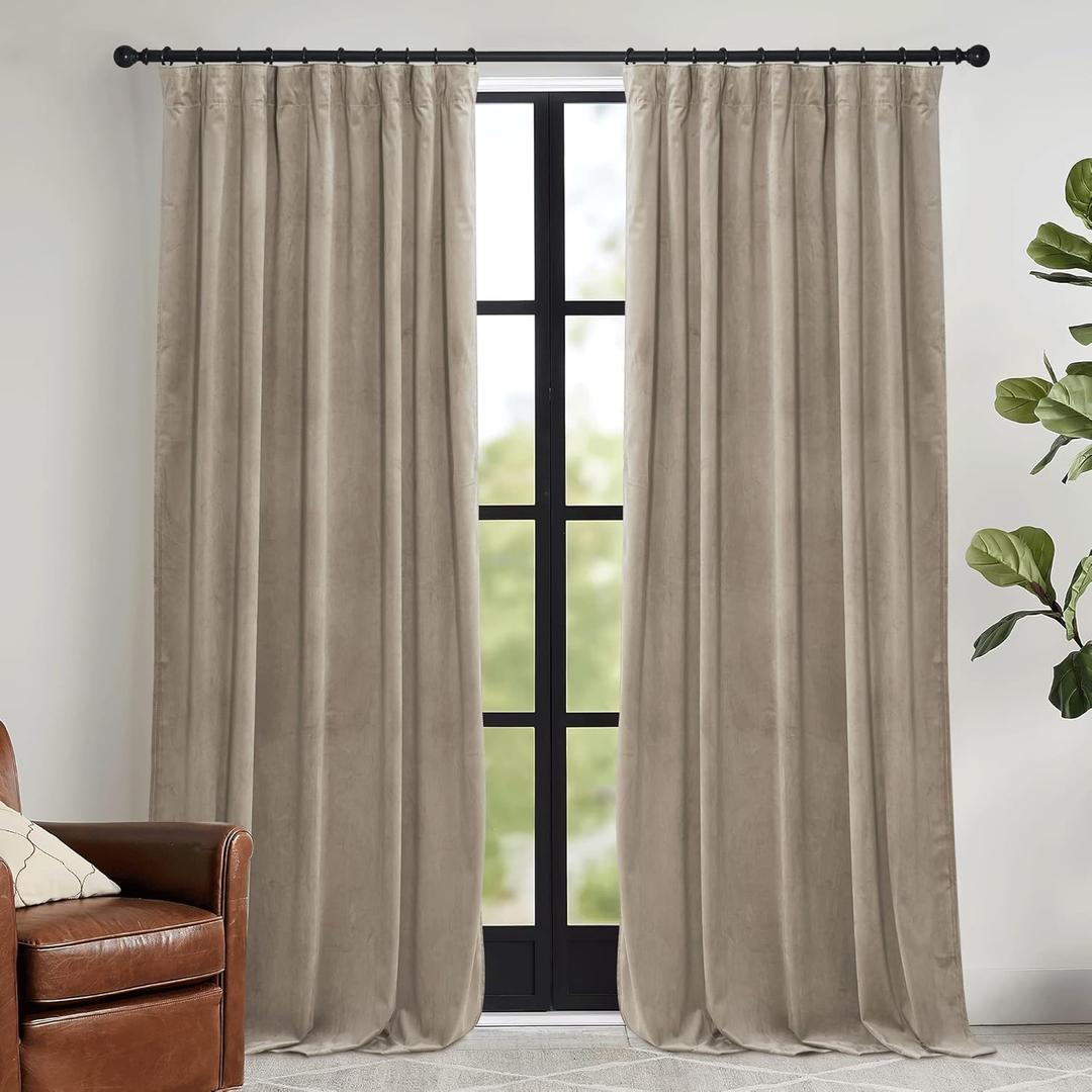 RYB HOME Camel Beige Velvet Curtains 90 inches, Soft Durable Drapes Room Darkening Privacy Window Treatment Farmhouse Decor for Apartment Sliding Glass Door, W52 x L90 inches, Set of 2