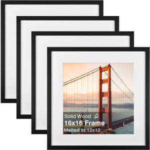 KINLINK 16x16 Picture Frame, Black Square Solid Wood Frames for Pictures 12x12 with Mat or 16x16 without Mat, Wall Display Photo Frames Black 4 Pack