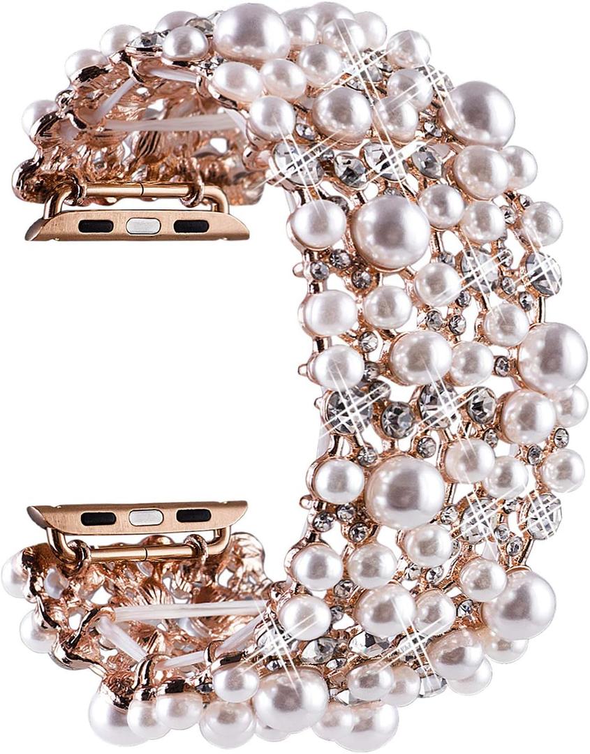 VIQIV Bling Bands Compatible with Apple Watch Band 38mm 40mm 41mm 42mm 44mm 45mm 49mm Iwatch Series SE 9 8 7 6 5 4 3 2 Ultra, Diamond Rhinestone Metal Pearl Dressy Bracelet Wristband Strap for Women
