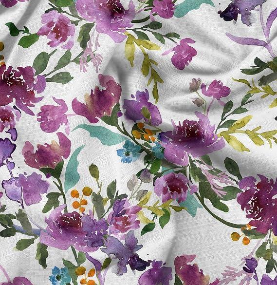 Soimoi Velvet Fabric Flower & Leaves Watercolor Printed Craft Fabric by the metre 58 Inch Wide