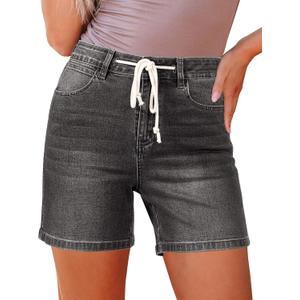 luvamia Jean Shorts for Women High Waisted Trendy Drawstring Stretchy Denim Shorts Summer Casual Jorts with Pockets (Medium, Washed Black)