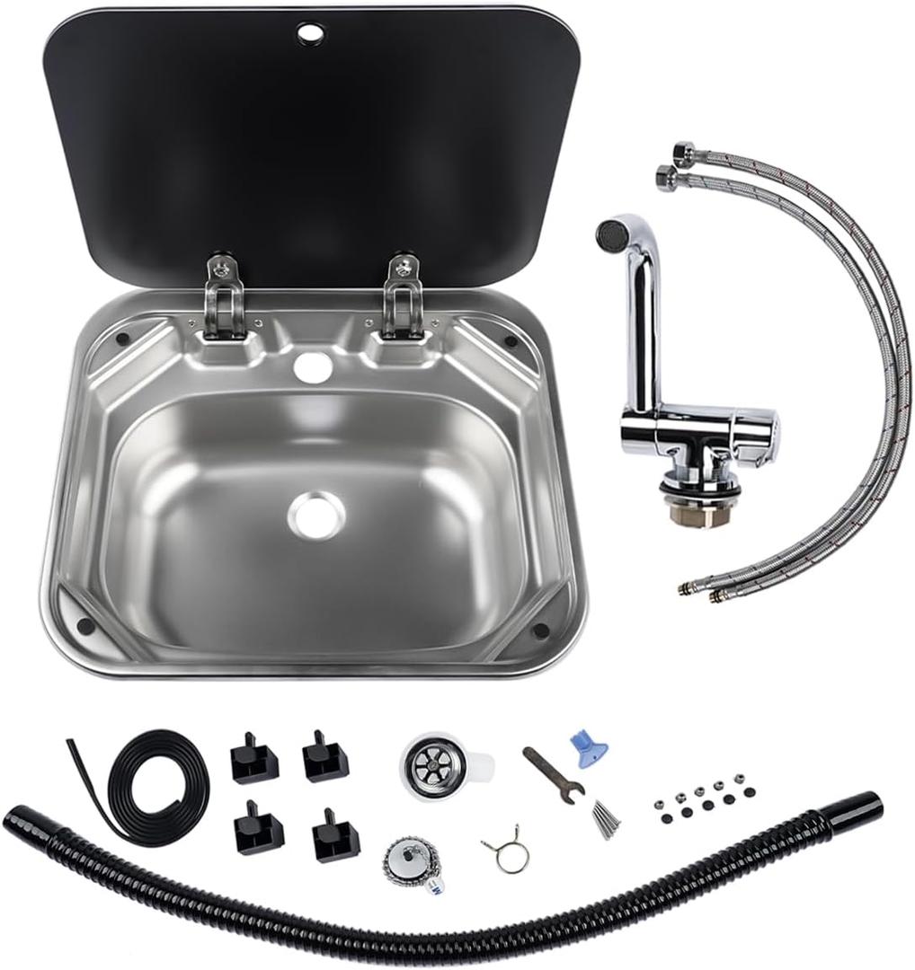 Square Single Bowl RV Sink with Folding Lid and Faucet (Cold/Hot) Stainless Steel Hand Wash Basin Sink for RV Camper Caravan Boat Home 16.5"D x 14.3"W x 6.3"H