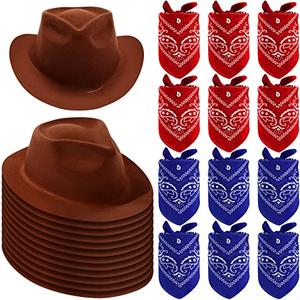 Haysandy 9 Pieces Western Cowboy Hat Set, Felt Cowboy Themed Party Hats with Paisley Bandanas for Kids Costume Party(Brown, Red, Blue)