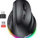 MEETION Ergonomic Mouse, Wireless Vertical Mouse RGB Backlit Rechargeable Mice for Bluetooth(5.2 + 3.0) & USB-A with USB-C Adapter 4 Adjustable DPI for Mac/Windows/Andriod/PC/Tablet/iPad Black