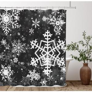 Tititex Merry Christmas Snowflake Shower Curtain Set, Happy Holiday Winter Black White Bathroom Decorative Winter Waterproof Fabric 71x71 Inch with 12 Hooks