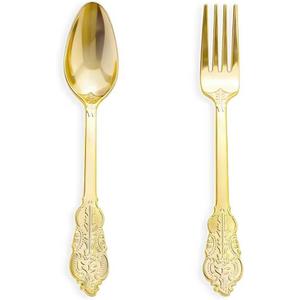 N9R 200PCS Gold Spoons and Forks Set, Heavy Duty Gold Plastic Silverware Set Fancy Disposable Utensils for Parties, Elegant Cutlery Sets for Wedding, Birthday(100 Forks & 100 Spoons)
