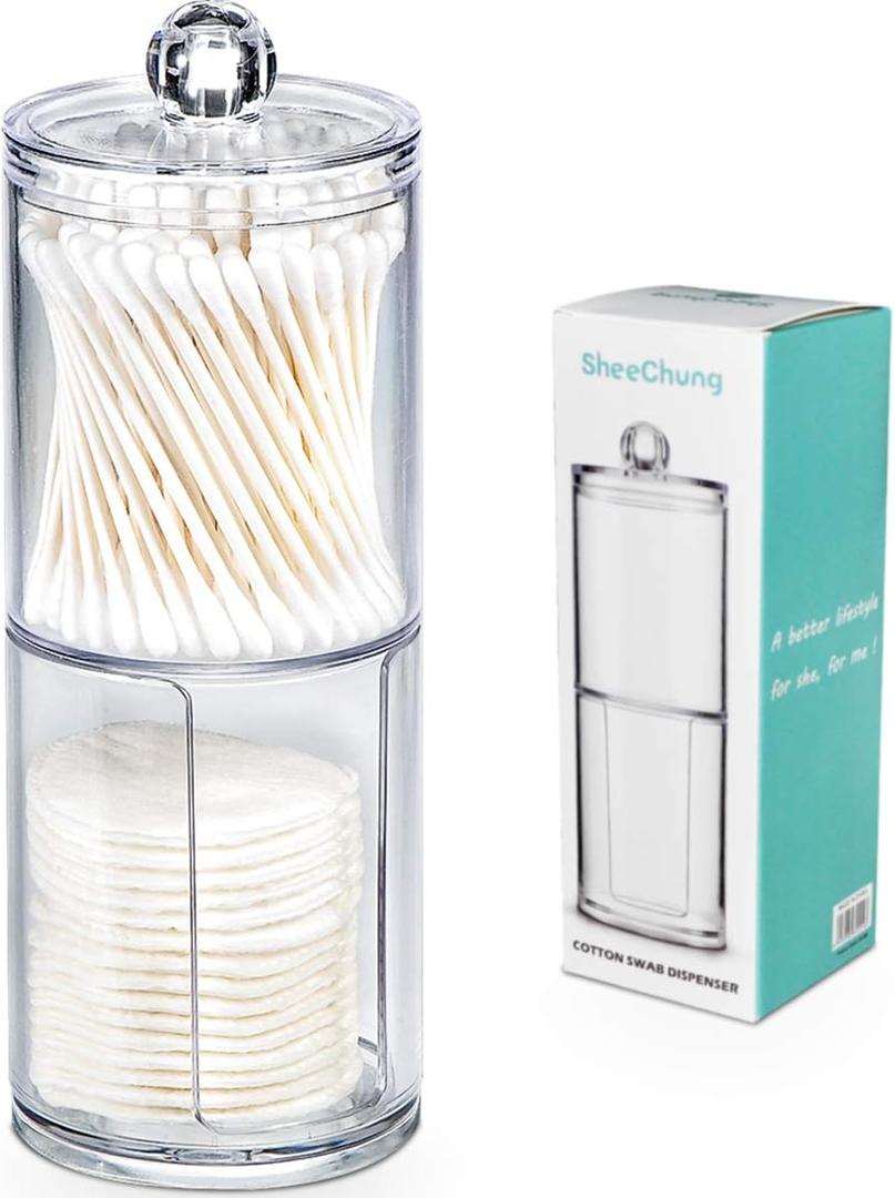 SheeChung 2-Pack Clear Acrylic Qtip Holder - Shatterproof Apothecary Jars for Bathroom Organization - Vanity Storage Canisters for Cotton Swabs, Balls, Pads, Floss Picks - Modern Decor
