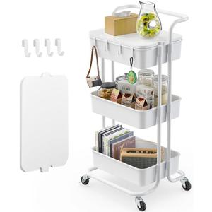 Pipishell 3 Tier Rolling Cart with Table Top, Utility Cart with Wheels & 4 Hooks, Rolling Storage Cart for Home Storage and Organization, White, PIUC09W