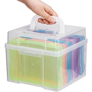 Photo Organizers and Storage 5x7  Plastic Photo Storage Box with Handle, 6 Colorful Inner Cases, Photo Boxes Storage for Cards, Stickers, Crafts, Seeds, Office Supplies (Rainbow)