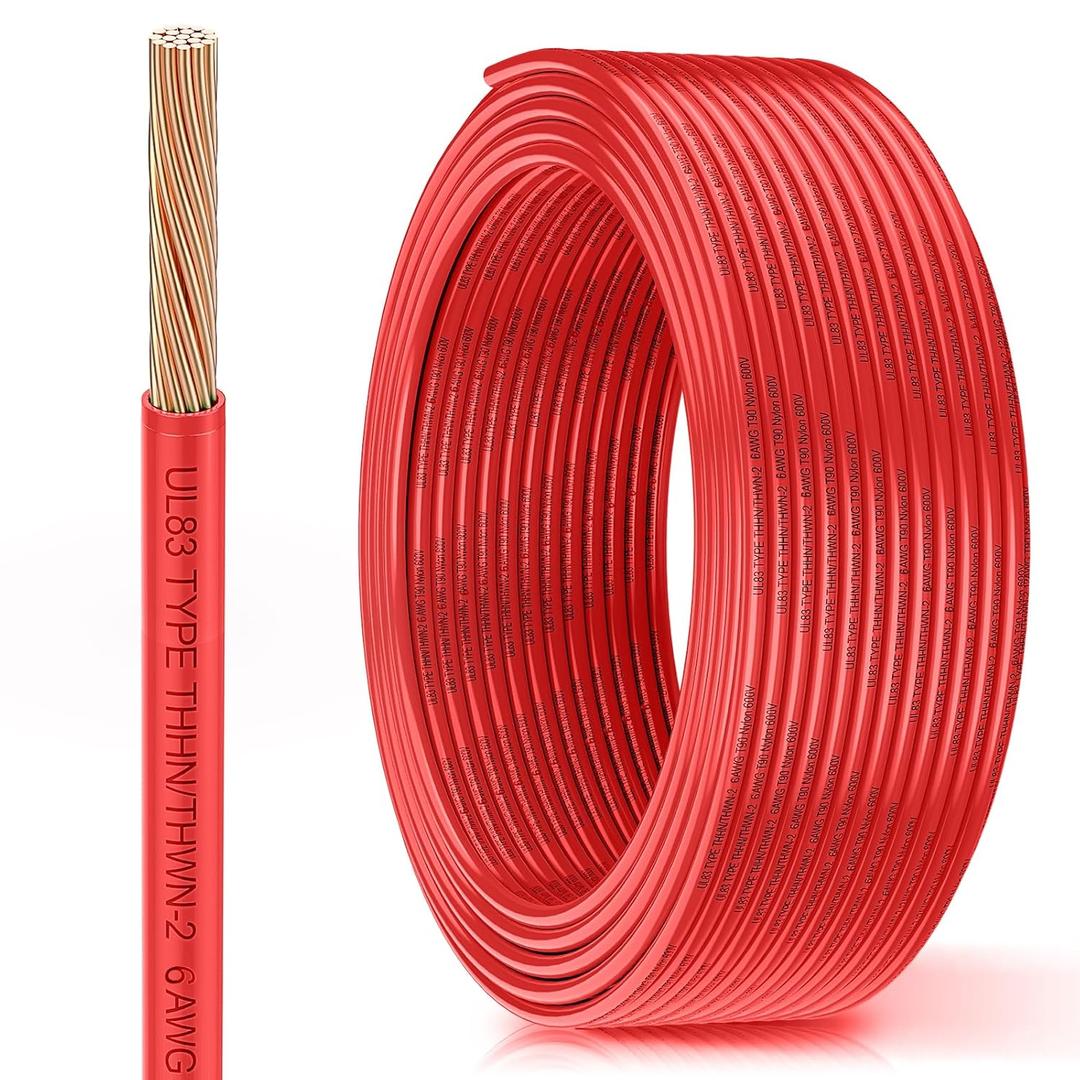 THHN Wire 6 Gauge 25FT, UL83 THHN/THWN-2 6 AWG Cable Stranded Copper with Nylon Jacket and PVC Insulation Building Wires for Residential, CNC, Panel Wiring, Circuit, Control(600V, Red)