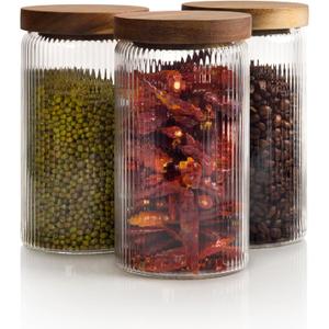 Mason & Fable Ribbed Glass Jars with Wooden Lid 27 fl oz- Set of 3 | Airtight Fluted Storage Container for Pasta, Coffee, Candy, Dog Treats, Snacks | Glass Organization Canisters for Home & Kitchen