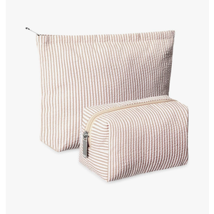 2 Pieces Makeup Bag Set Cute Cosmetic Pouch for Women Seersucker Travel Toiletry Bag Preppy Small Makeup Purse Pouch Aesthetic Skincare Brushes Storage Organizer for Women(Khaki)
