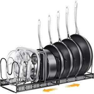 Expandable Pans and Pots Lid Organizer Rack for Cabinet - Rubber-dipped Pan Organizer Rack for Kitchen Cabinet Organizers and Storage with 10 Adjustable Dividers and Anti-scratch Strip
