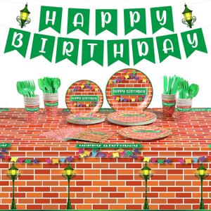 Qinyoung 171 Pcs Street Theme Birthday Party Decorations Red Brick Wall Street Party Supplies Happy Birthday Banner Plastic Tablecloth Paper Plates Tableware for Cartoon Theme Decorations