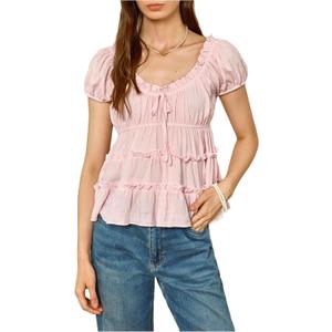Women's Y2k Puff Sleeve Tiered Ruffle Tops Babydoll Tie Front V Neck Cute Blouses Going Out Outfits (Pink, S)