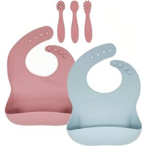 Silicone Baby Bibs 2 pcs with Silicone Baby Spoons Self Feeding Waterproof, Soft (Rosy)