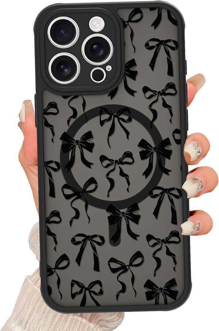 Magnetic for iPhone 15 Pro Case [Compatible with MagSafe] Cute Cool Bowknot Bow Tie Print Pattern Design, Slim Bumper Translucent Matte Protective Cover for Women Girls, Black