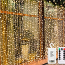 echosari 300 LED Curtain Lights Battery Operated, 9.8ft×9.8ft Hanging Light with Remote Timer Fairy Curtain Lights for Bedroom Patio Wedding Backdrop Party Decór (Warm White)
