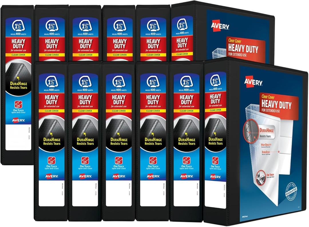 Avery Heavy Duty View 3 Ring Binder, 1.5" One Touch EZD Ring, Holds 8.5" x 11" Paper, 12 Black Binders (79695)