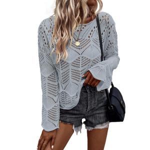 Allimy Womens Fashion Long Sleeve Hollow Out Crochet Crewneck Pointelle Knitted Top Blouses Pullovers Light Grey XXL (Gray, XXL)