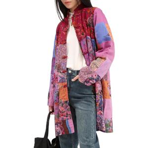 Women's Patchwork Jacket, Boho Floral Lightweight Spring Fall Coat, Artistic Vintage Bohemian Outerwear (M)