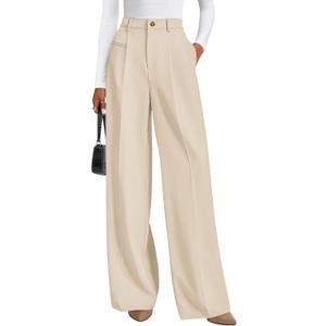 PRETTYGARDEN Womens Wide Leg Dress Pants 2026 Business Casual Flowy Work Palazzo Pants High Waisted Slacks Trousers (Large, Beige)