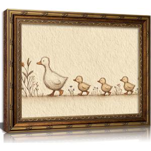 Vintage Gold Framed Nursery Duck Canvas Wall Art,Farmhouse Funny Whimsical Animal Painting Picture Wall Decor,Rustic Cute Mother Duck and Ducklings Poster Print Artwork,for Girls Children Room