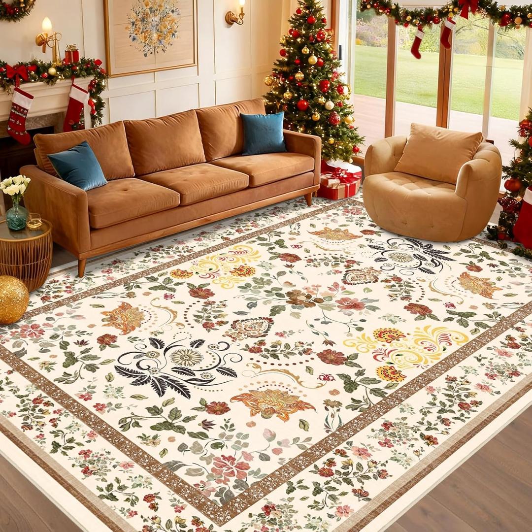 IWRJFQWR Vintage Floral 8x10 Area Rugs - Floral Washable Rug for Living Room Bedroom Dining Room Kids Playroom Home Decor Non Slip Carpet - Brown