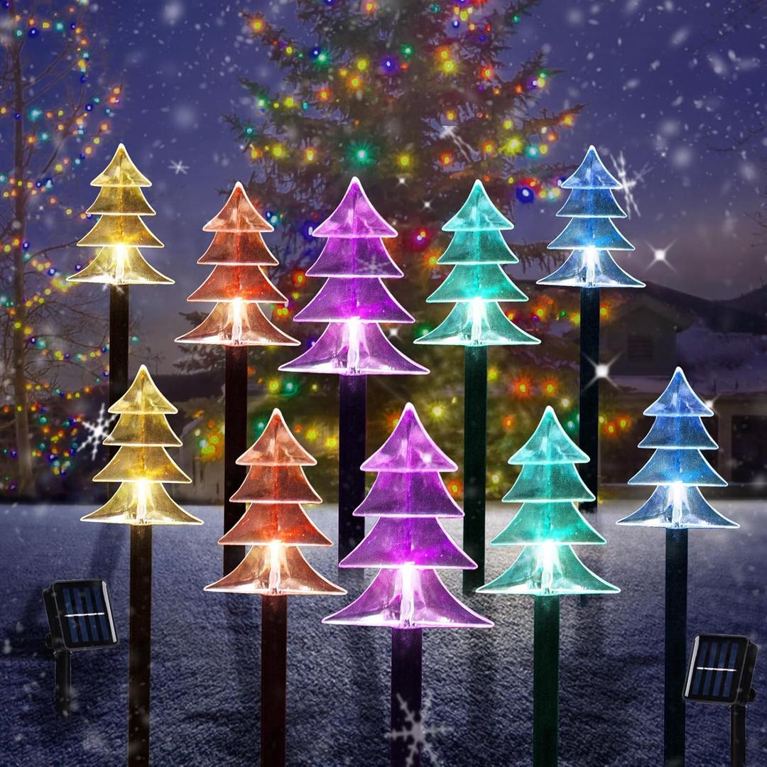 Christmas Solar Pathway Lights, Set of 10 Waterproof Landscape Christmas Lights, Stake Xtmas Decorations, LED Lamp for Yard Lawn Patio Walkway Decor (10PCS-Multicolor-Tree)