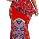 VERWIN African Dress Cap Sleeve Square Neck Floor-Length Geometric Mermaid Maxi Dress Long Dress (Red), XL