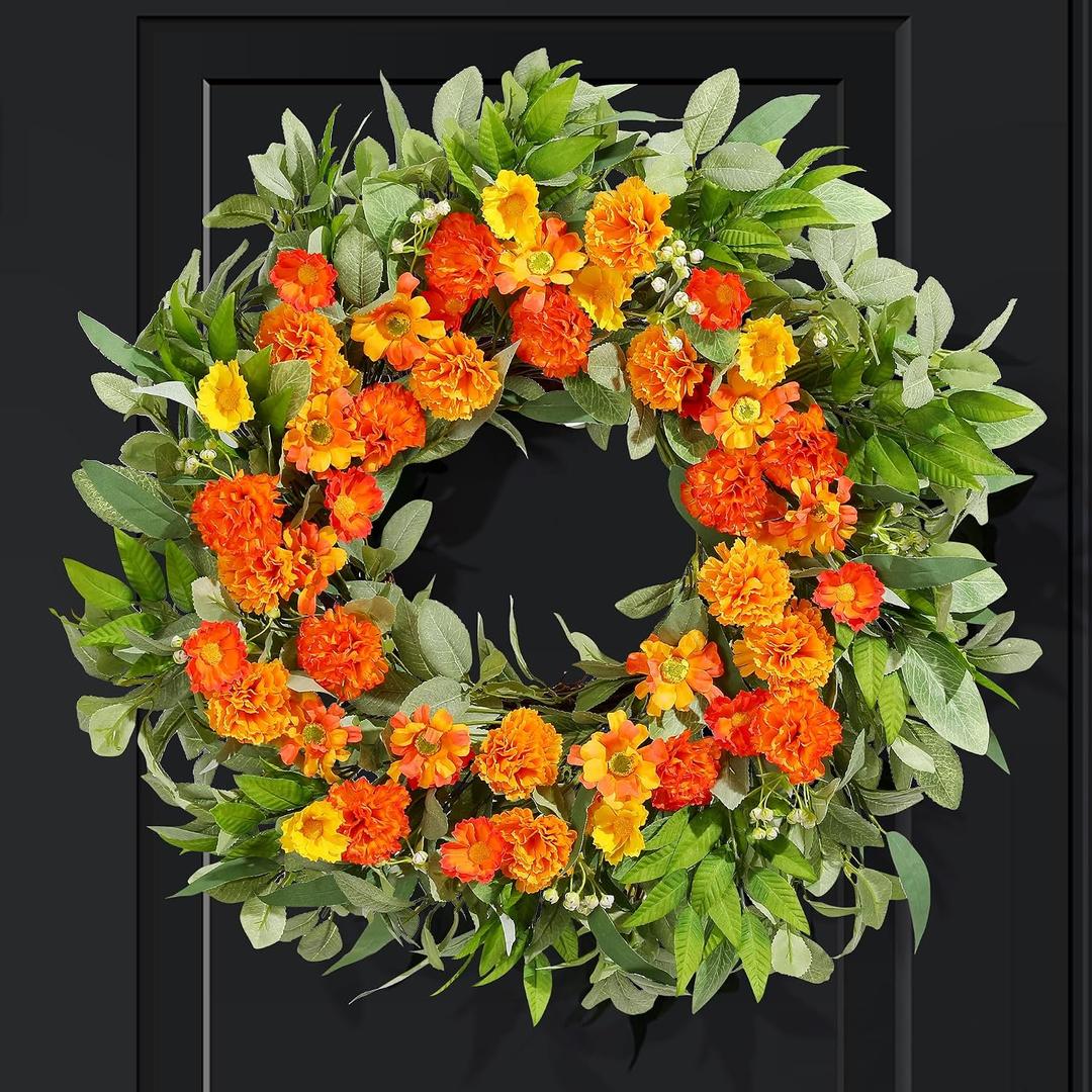 24 Inch Spring Wreaths for Front Door with Carnations, Daisies and Eucalyptus - Artificial Spring Summer Front Door Wreath for Farmhouse, Porch, Window, Wedding, Celebration, Indoor Outdoor Home Decor