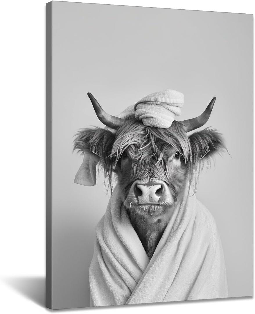 SANGGUOBIN Funny Highland Cow Canvas Wall Art Cow in a Bathrobe Prints Black and White Farm Animal Art Poster for Bedroom Bathroom Wall Decor(Black White-1,16x24inch)