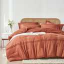 Yogeneg Queen Comforter Set 7 Piece Bed in a Bag,Grid Pinch Pleat Terracotta Bedding Set,Striped Textured Soft Microfiber Comforter with Sheet Set,All Season Complete Bed Set(Terracotta,Queen)