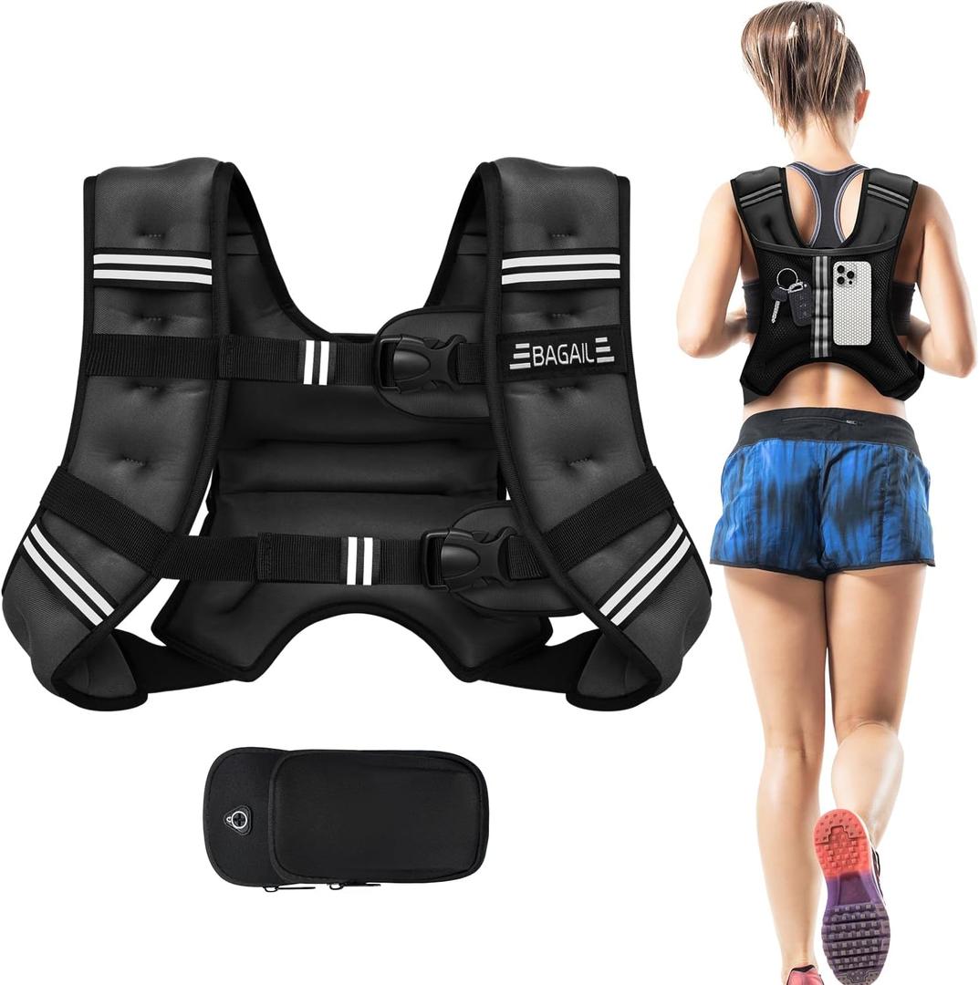 BAGAIL Weighted Vest, 5lbs/8lbs/10lbs/12lbs/15lbs/20lbs/25lbs/30lbs Weight Vest with Detachable Phone Pouch, Rucking Vest for Women, Men, Walking, Weight Loss, Training, Running (Black)
