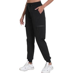 Women's Joggers with Pockets, Hiking Cargo Water Resistant Lightweight Pants for Women Workout Athletic Travel Camping (Tapered Black, Smal)