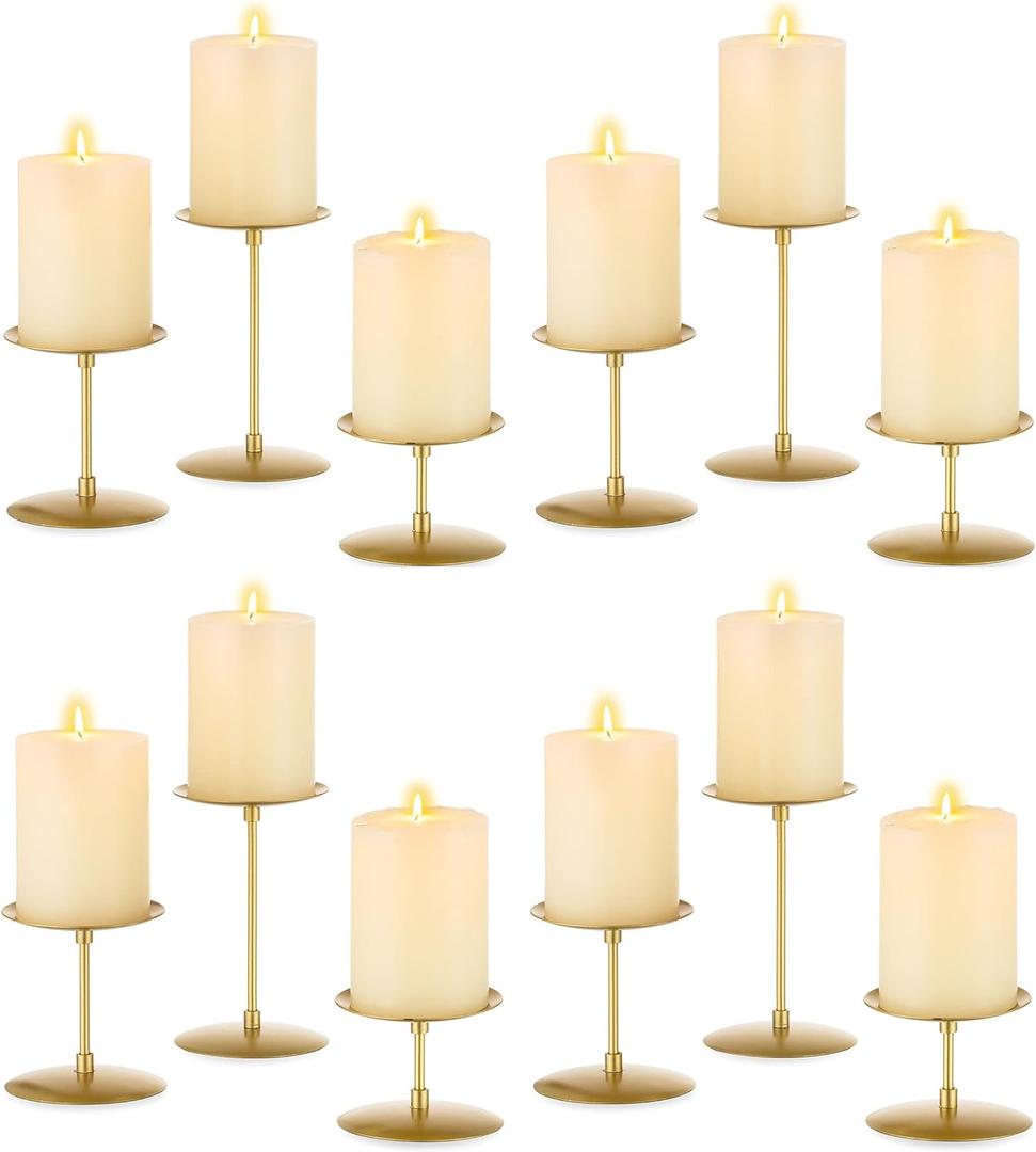 Pillar Candle Holders Candelabra Gold - Set of 12 Bulk Candle Stand Iron Plate Minimalism Modern Home Mantel Dinning Table Decorations Centerpiece for Wedding, Party, Housewarming, Events