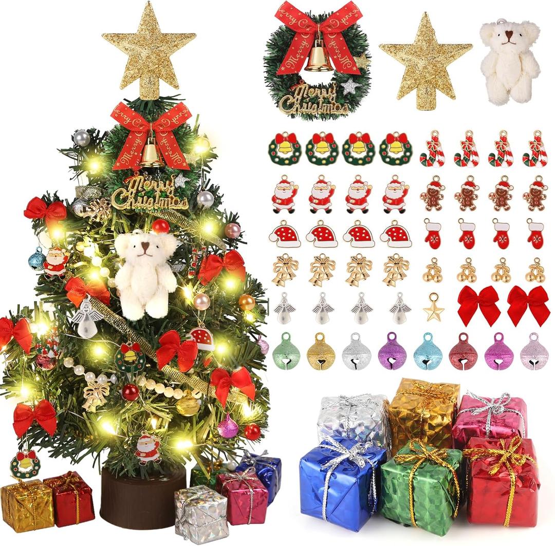 Mini Christmas Tree with Light 12 Inch Table Top Xmas Tree with Hanging Ornaments Gift Boxes Star Treetop Xmas Wreath Small Artificial Winter Tree for DIY Christmas Decorations