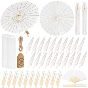 Aodaer 24 Packs Wedding Paper Umbrellas White Hand Fans with Thank You Tags Organza Bags 33 Inch Decorative Oiled Umbrellas Chinese Japanese DIY Parasol Painting Crafts for Wedding Bridal Party Decor