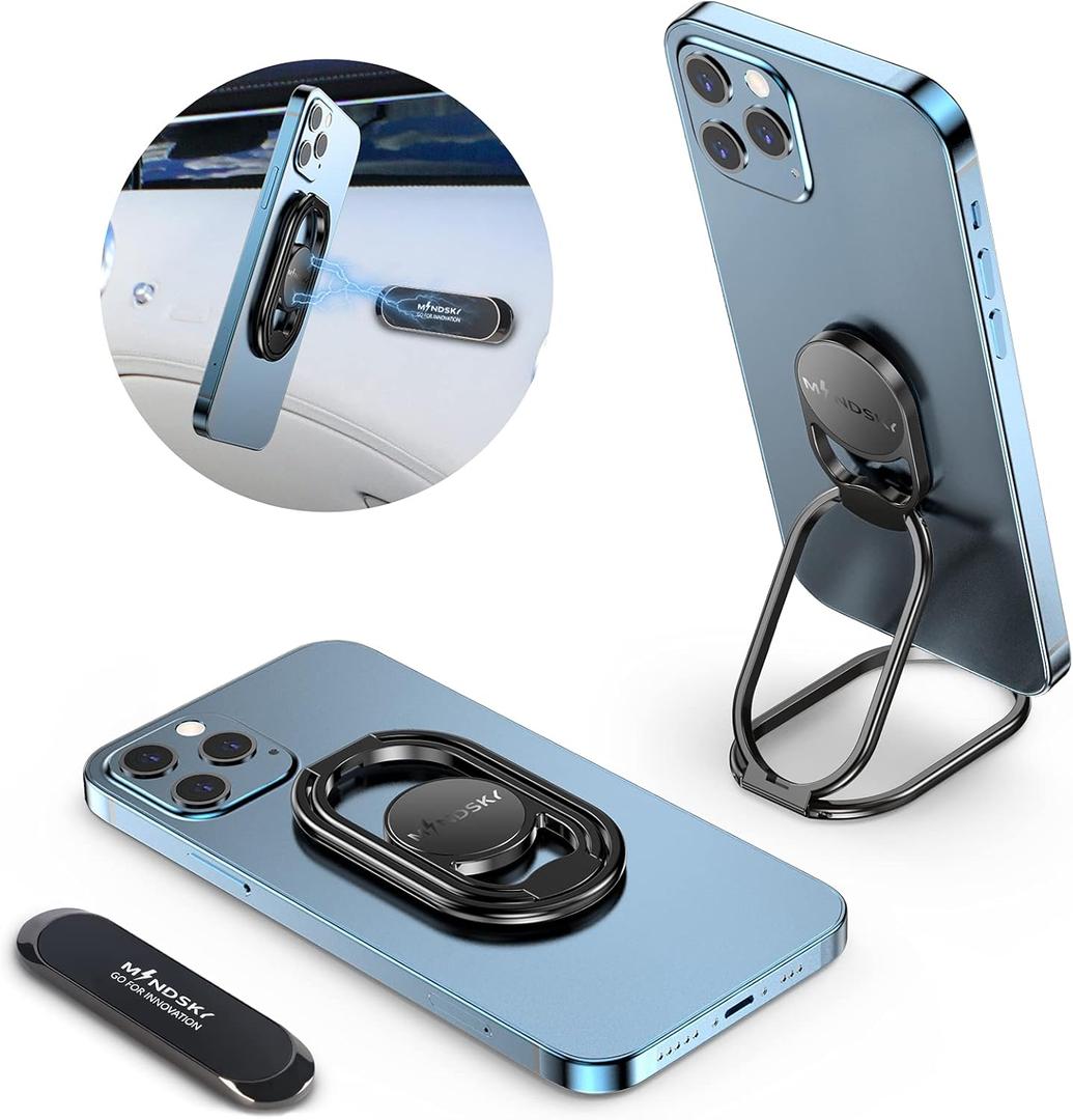 Phone Ring Holder-with Car Magnetic Phone Mount Metal Phone Ring Finger Kickstand Black Cell Phone Grip Compatible with iPhone iPad Smartphones Tablets