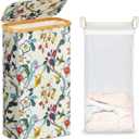 efluky Slim Laundry Basket with Lid, Narrow Laundry Hamper with Removable Bag, Skinny Dirty Clothes Basket with Bamboo Handles for Bathroom, Bedroom & Laundry Room, 75L Floral