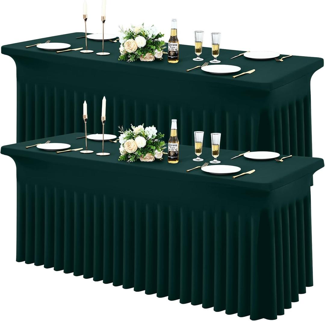 Moosfor 2 Pack Spandex Fitted Rectangle Tablecloth, Elastic Table Skirt | Stretch Washable Reusable 8FT Table Cloth, Folding Table Cover for Wedding, Banquet, Party and Dining Events, Hunter Green