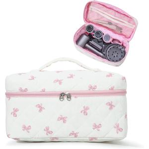 Large Quilted Hair Tools Travel Bag with Top Handle, Cute Portable Cotton Floral Organizer Case for Hair Dryer, Curling Iron & Styling Accessories, Home & Travel Use, Ideal Gift for Women & Girls