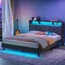 Rolanstar Full Size Bed Frame, Storage Headboard with Charging Station and LED Lights, Upholstered Bed with Heavy Duty Wood Slats, No Box Spring Needed, Noise Free, Easy Assembly, Dark Grey