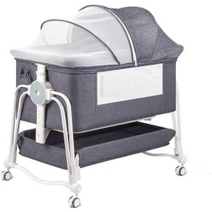 4 in 1 Baby Bassinet Bedside Sleeper, Rocking Baby Crib with Lockable Wheels, Storage, Mosquito Net and Mattress Included, 7 Level Adjustable Bedside Bassinet for Baby Newborn (Gray)
