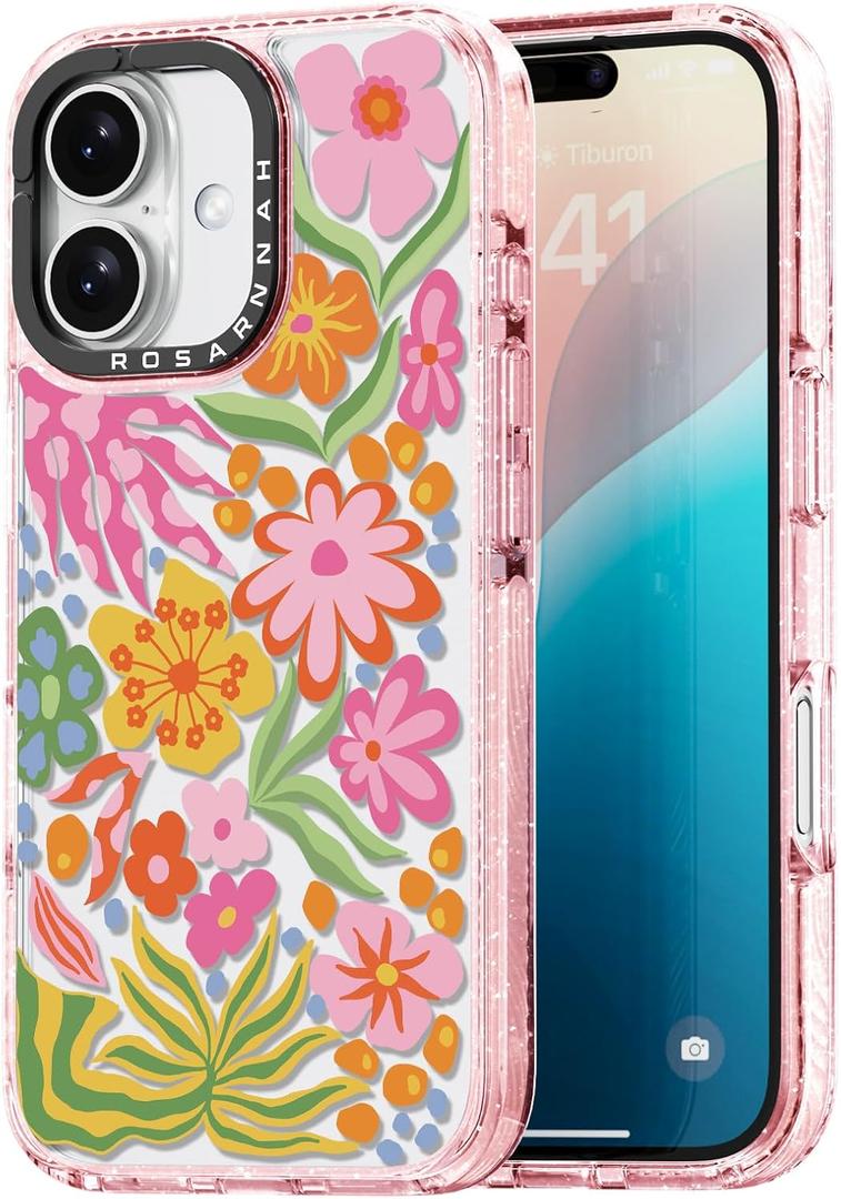 Compatible for iPhone 16 Case Cute - Durable Shockproof 6.6 ft Drop Impact Phone Case - Glitter Pink Funny Passion Flower Design for iPhone 16 6.1"