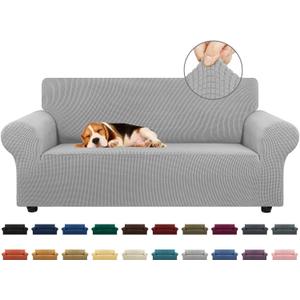 KEKUOU Stretch Loveseat Sofa Cover Slipcover,Couch Covers for 2 Cushion Couch Sofa (55"-78") Furniture Protector Sofa with Elastic Bottom for Kids,Dog. Jacquard Small Checked (Medium,Silver)