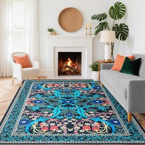 FJKJHKGJ 8x10 Area Rugs for Living Room, Washable Rug Floral Vintage Rugs for Bedroom Non Slip Low Pile Large Blue Boho Carpet Indoor Kitchen Dining Room Office Playroom Floor Mat