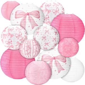 Glooglitter 12 Pcs Pink Bow Party Decorations Coquette Birthday Decorations Pink Bow Paper Lanterns Hanging Decor for Weddings Bachelorette Bridal Shower Engagement Party Supplies