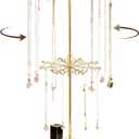 2 Tier Rotating Necklace Holder Jewelry Stand, Necklace Holder Organizer with 64 Hooks, Metal Spinning Jewelry Display Stand for Long Necklace Earring Bracelet Craft Tree Stand for Women Gold
