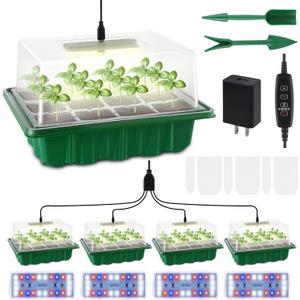 Seed Starter Tray Medium Size 4 Packs, Seed Starter Kit with Upgraded 24 Full Spectrum LEDs, Adjustable Brightness and Timer, with Drainage Holes, Tools and Labels for Indoor Plant Growing